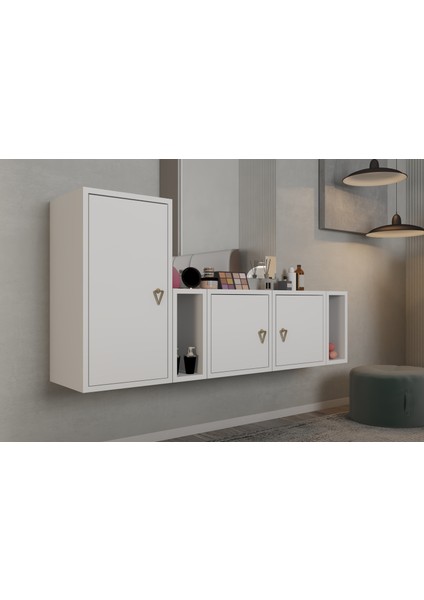 Modüler Duvar Tipi Kapaklı Dolaplı Açık Raflı Makyaj Masası Seti BEYAZ-PNR-MKJ-1007 fiyatları