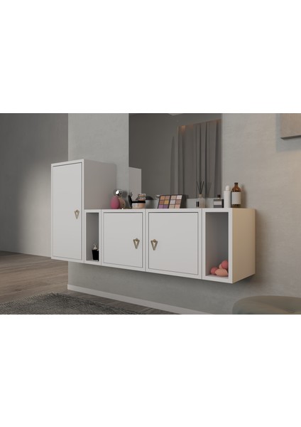 Modüler Duvar Tipi Kapaklı Dolaplı Açık Raflı Makyaj Masası Seti BEYAZ-PNR-MKJ-1007 modelleri