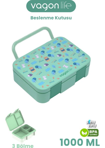1000 ml Tek Kat Sızdırmaz,karışmaz Üç Bölmeli Taşıma Kulplu Çocuk Beslenme Kutusu -FFB092-1000