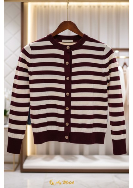 Kadın Çizgili Triko Hırka Düğmeli Bisiklet Yaka Kısa Yumuşak Dokulu Hırka