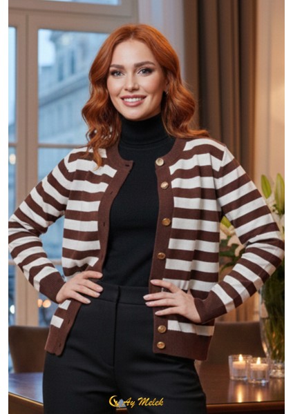 Kadın Çizgili Triko Hırka Düğmeli Bisiklet Yaka Kısa Yumuşak Dokulu Hırka fiyatları