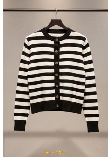 Kadın Çizgili Triko Hırka Düğmeli Bisiklet Yaka Kısa Yumuşak Dokulu Hırka