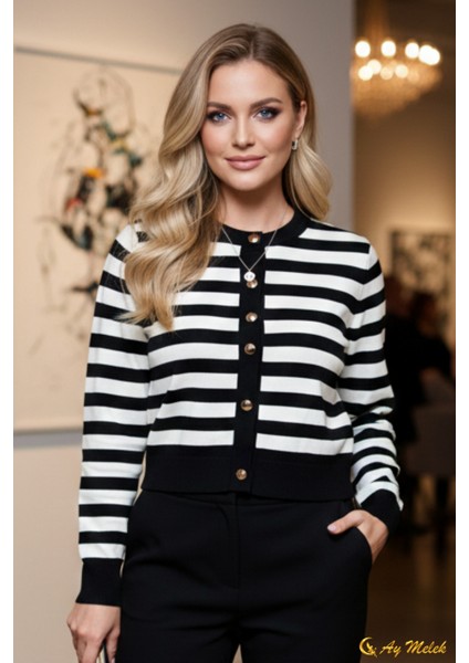 Kadın Çizgili Triko Hırka Düğmeli Bisiklet Yaka Kısa Yumuşak Dokulu Hırka modelleri