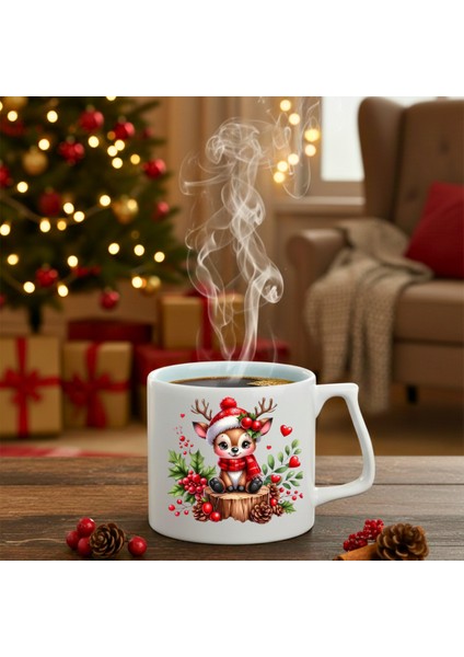 Yılbaşı Noel Şapkalı Geyik Baskılı-Hediyelik Seramik Kupa Bardak