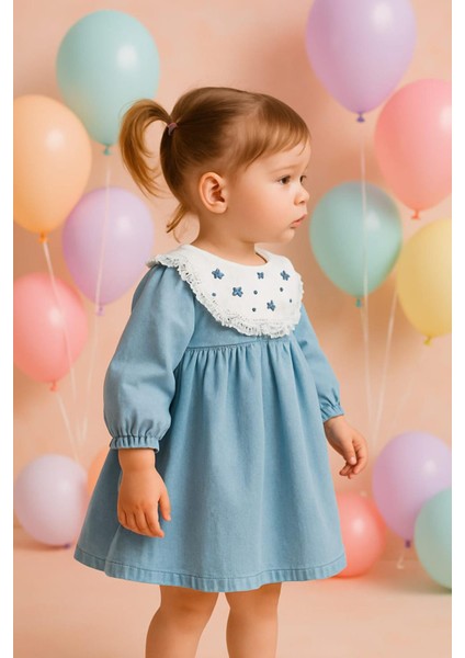 %100 Pamuk Işleme ve Dantel Yakalı Açık Mavi Kız Çocuk Elbisesi