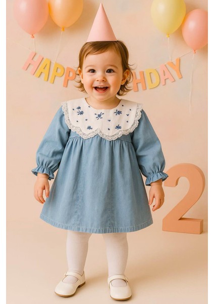 %100 Pamuk Işleme ve Dantel Yakalı Açık Mavi Kız Çocuk Elbisesi fiyatları