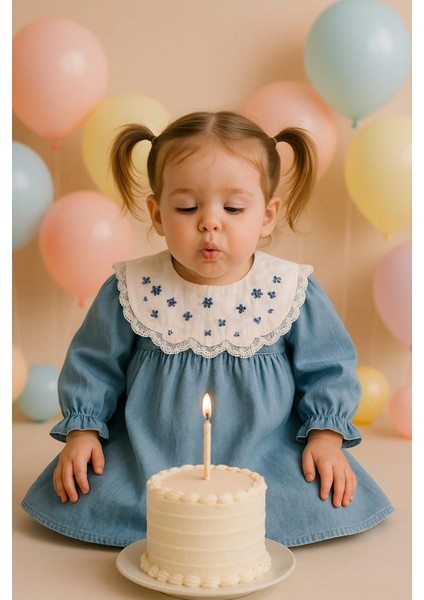 %100 Pamuk Işleme ve Dantel Yakalı Açık Mavi Kız Çocuk Elbisesi modelleri