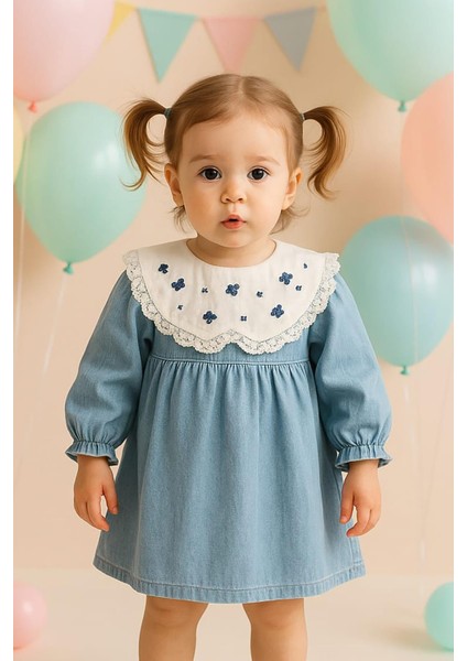 %100 Pamuk Işleme ve Dantel Yakalı Açık Mavi Kız Çocuk Elbisesi fırsatları