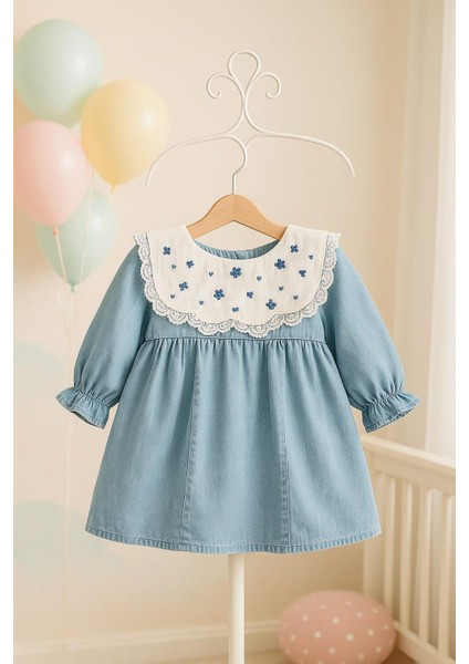 %100 Pamuk Işleme ve Dantel Yakalı Açık Mavi Kız Çocuk Elbisesi indirimleri