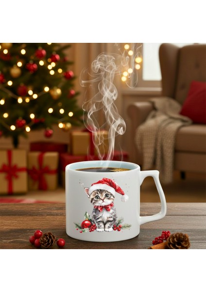 Yılbaşı Noel Şapkalı Kedi Baskılı-Hediyelik Seramik Kupa Bardak