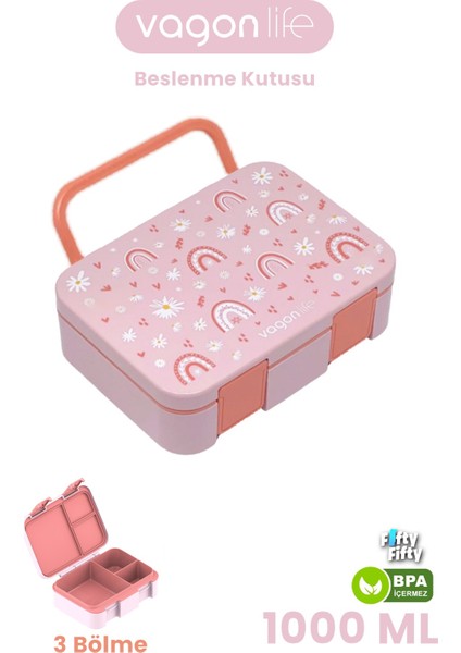 1000 ml Tek Kat Sızdırmaz,karışmaz Üç Bölmeli Taşıma Kulplu Çocuk Beslenme Kutusu -FFB092-1000