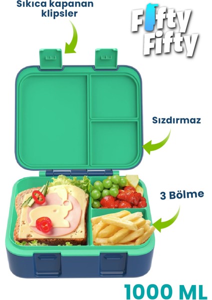 1000 ml Tek Kat Sızdırmaz,karışmaz Üç Bölmeli Taşıma Kulplu Çocuk Beslenme Kutusu -FFB092-1000 modelleri