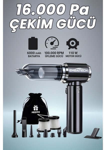 16.000 Pa Güçlü Vakumlu ve Üflemeli Ev Ofis Araç Süpürgesi Güçlü El Süpürgesi Şarjlı Çok Fonksiyonlu