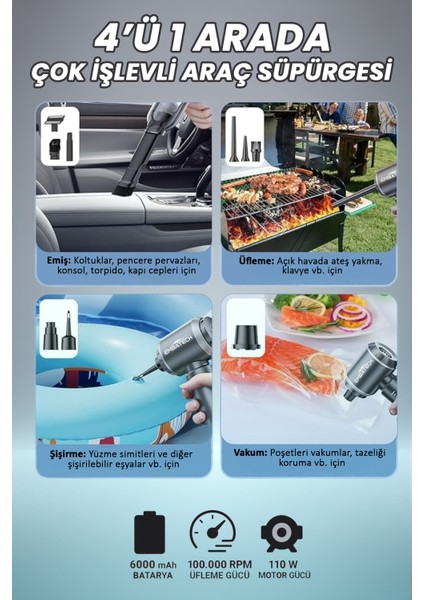 16.000 Pa Güçlü Vakumlu ve Üflemeli Ev Ofis Araç Süpürgesi Güçlü El Süpürgesi Şarjlı Çok Fonksiyonlu fırsatları