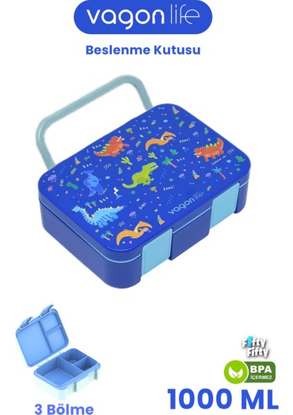 1000 ml Tek Kat Sızdırmaz,karışmaz Üç Bölmeli Taşıma Kulplu Çocuk Beslenme Kutusu -FFB092-1000