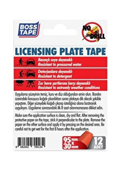 Boss Tape 3M Plaka Yapıştırma ve Montaj Bandı 12 Adet 95mm x 30mm Kolay Uygulama ve Dayanıklı Tasarım