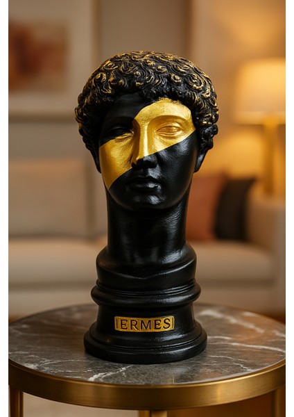 Dekoratif Hermes Heykel - Siyah Renk - Gözü Gold