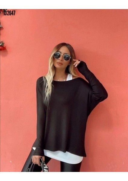 Cottonlab Kadın Uzun Kollu Tek Omuzdan Açık Çilek Bluz ve Viskon Atlet Ikili Takım