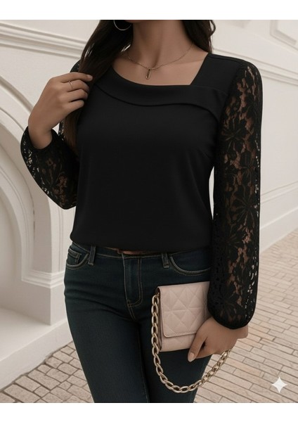 Cottonlab Kadın Uzun Kollu Asimetrik Yakalı Dantelli Ithal Krep Bluz