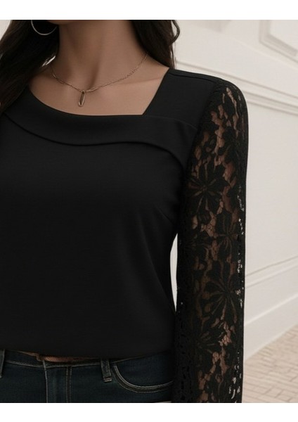Cottonlab Kadın Uzun Kollu Asimetrik Yakalı Dantelli Ithal Krep Bluz fiyatları