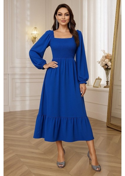 Cottonlab Kadın Uzun Kollu Kare Yakalı Gipeli Uzun Trikoton Elbise modelleri