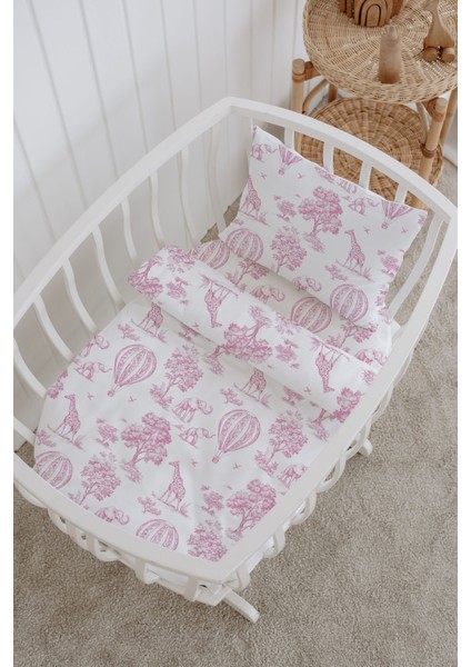 %100 Pamuklu Poplin Bebek Beşik Nevresim Seti 80X120 cm - Pink Balloon Safari