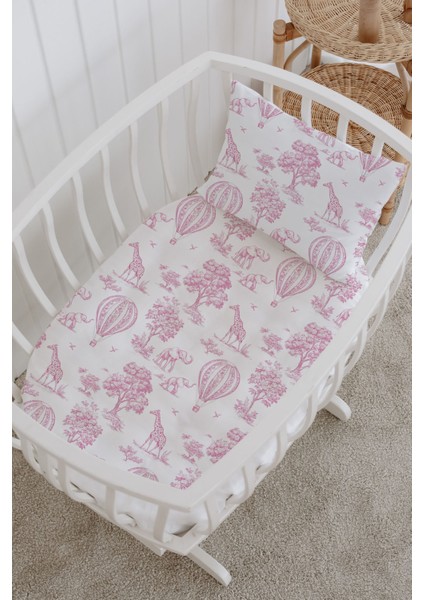 %100 Pamuklu Poplin Bebek Beşik Nevresim Seti 80X120 cm - Pink Balloon Safari fiyatları