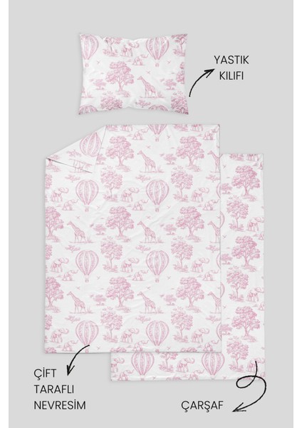 %100 Pamuklu Poplin Bebek Beşik Nevresim Seti 80X120 cm - Pink Balloon Safari fırsatları