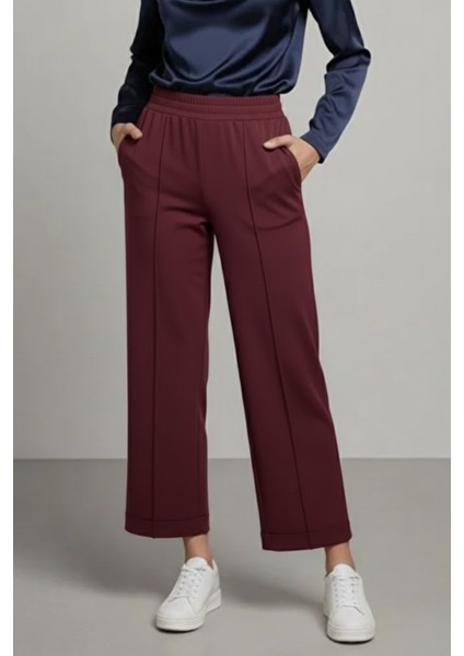 Bilek Boy Çimalı Beli Lastikli Cepli Scuba Pantolon- Bordo