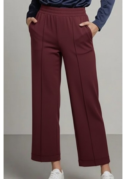Bilek Boy Çimalı Beli Lastikli Cepli Scuba Pantolon- Bordo fiyatları