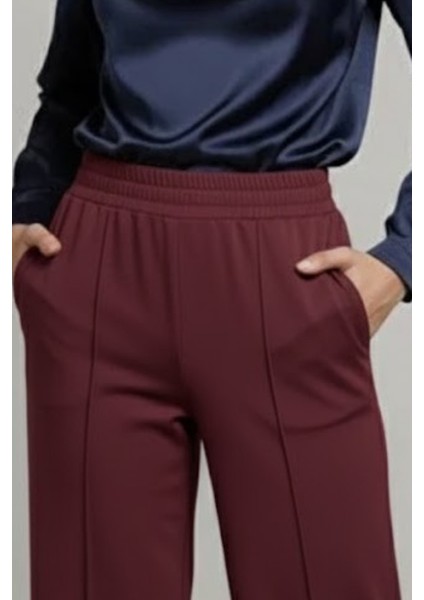 Bilek Boy Çimalı Beli Lastikli Cepli Scuba Pantolon- Bordo modelleri