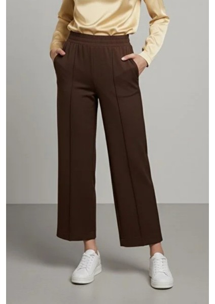 Bilek Boy Çimalı Beli Lastikli Cepli Scuba Pantolon- Acı Kahve