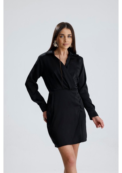 Kadın Siyah Kruvaze Yaka Gömlek Tarzı Parlak Saten Mini Elbise Uzun Kollu Abiye Elbise Yılbaşı