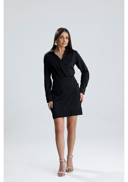 Kadın Siyah Kruvaze Yaka Gömlek Tarzı Parlak Saten Mini Elbise Uzun Kollu Abiye Elbise Yılbaşı fiyatları