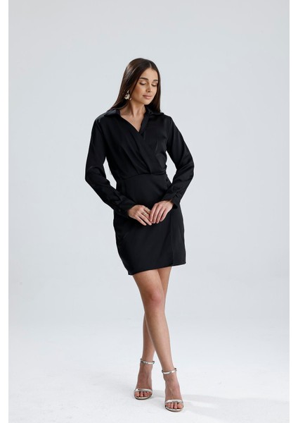 Kadın Siyah Kruvaze Yaka Gömlek Tarzı Parlak Saten Mini Elbise Uzun Kollu Abiye Elbise Yılbaşı fırsatları