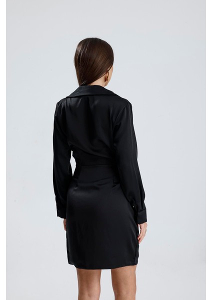 Kadın Siyah Kruvaze Yaka Gömlek Tarzı Parlak Saten Mini Elbise Uzun Kollu Abiye Elbise Yılbaşı indirimleri