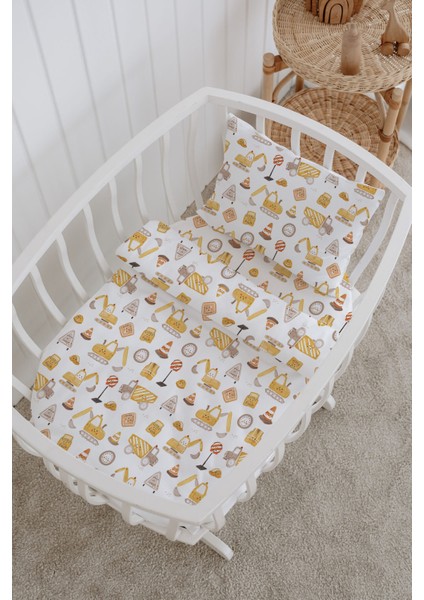 %100 Pamuklu Poplin Bebek Beşik Nevresim Seti 80X120 cm - Sevimli Iş Makineleri