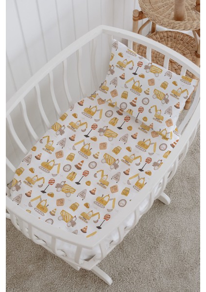 %100 Pamuklu Poplin Bebek Beşik Nevresim Seti 80X120 cm - Sevimli Iş Makineleri fiyatları