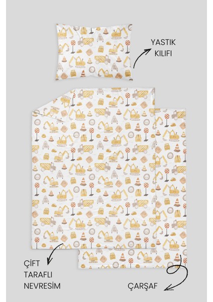 %100 Pamuklu Poplin Bebek Beşik Nevresim Seti 80X120 cm - Sevimli Iş Makineleri fırsatları