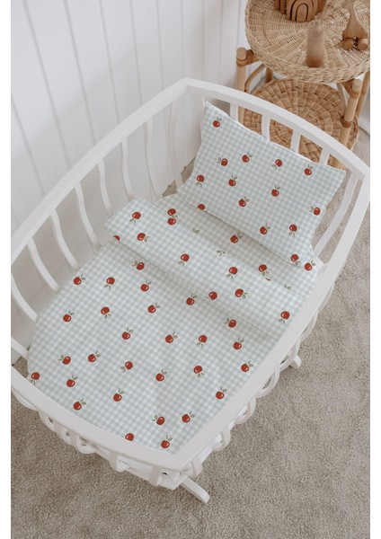 %100 Pamuklu Poplin Bebek Beşik Nevresim Seti 80X120 cm - Pötikare Elmalar