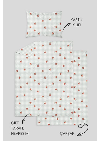 %100 Pamuklu Poplin Bebek Beşik Nevresim Seti 80X120 cm - Pötikare Elmalar fırsatları