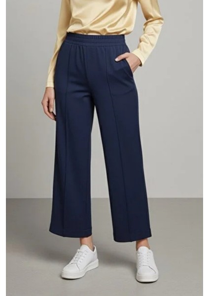 Bilek Boy Çimalı Beli Lastikli Cepli Scuba Pantolon- Lacivert
