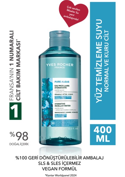 Yeni Normal-Kuru Ciltler Için Yoğun Nemlendirici Makyajı Arındırıcı Micellar Temizleme Suyu 400ML