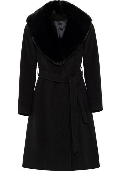 Yakası Çıkabilen Kürklü Çıt Çıt Kapamalı Belden Kuşaklı Kaban SİYAH 3016