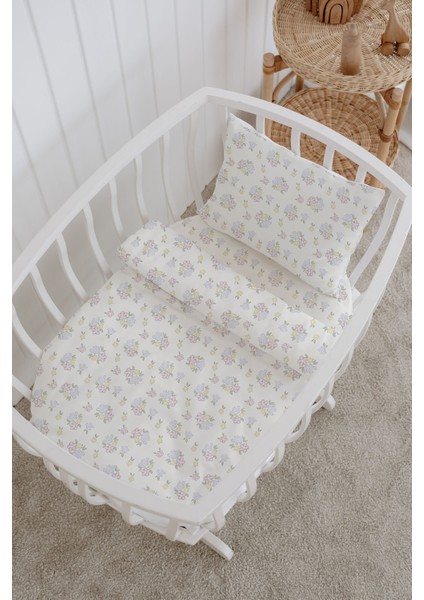 %100 Pamuklu Poplin Bebek Beşik Nevresim Seti 80X120 cm - Pastel Bahar Çiçekleri