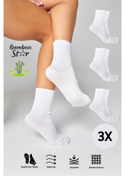 Bambu Kaydırmaz Taban Silikon Baskı Umre Tavaf Umre Hamile Yoga Beyaz Lastiksiz Çorap 3'lü