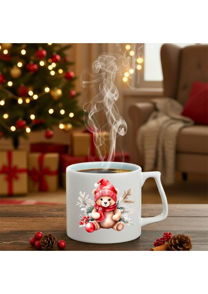 Yılbaşı Kırmızı Atkılı Ayıcık Baskılı-Hediyelik Seramik Kupa Bardak