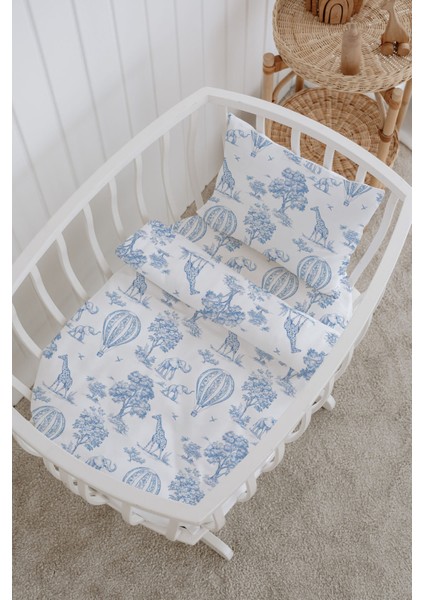 %100 Pamuklu Poplin Bebek Beşik Nevresim Seti 80X120 cm - Blue Balloon Safari