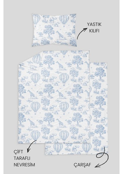 %100 Pamuklu Poplin Bebek Beşik Nevresim Seti 80X120 cm - Blue Balloon Safari fırsatları