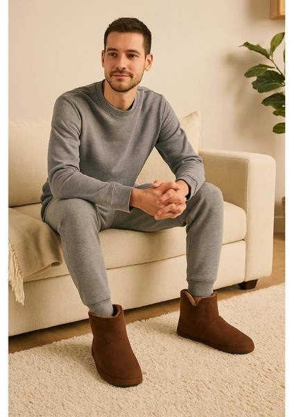 Erkek Termo Taban Peluş Astar Kahverengi Ev Botu Sıcak Tutan Konforlu Kışlık Ev Ayakkabısı